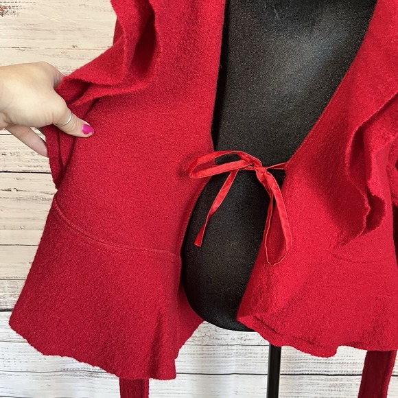 Vtg Marisa Christina Wool Wrap Cardigan Womens S Red Ruffle Collar Hem Dopamine - Picture 6 of 12
